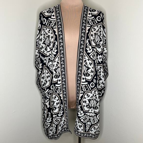 Max Studio Kimono Large Womens Batik Open Front Maximalist Boho Cream Black New - Picture 1 of 9